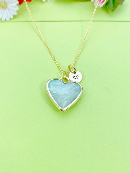 Gold Amazonite Heart Charm Necklace Personalized Customized Gemstone Monogram Made to Order Jewelry, N5415