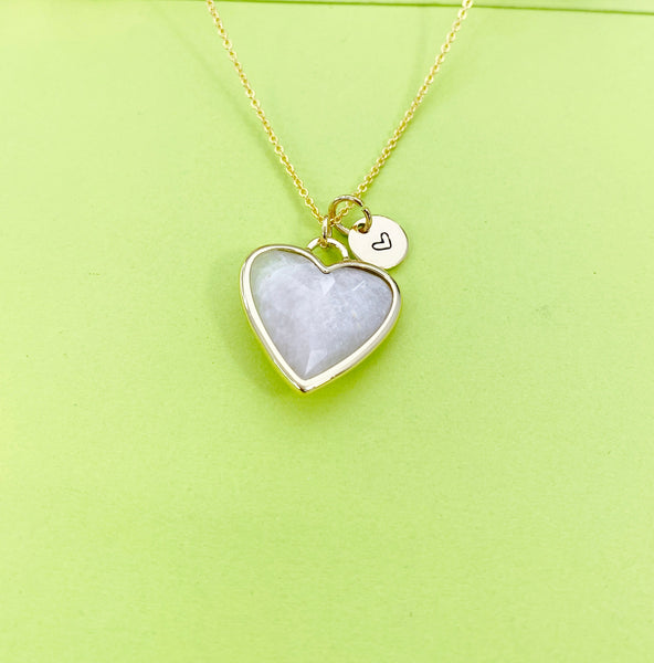 Gold Moonstone Heart Charm Necklace Personalized Customized Gemstone Monogram Made to Order Jewelry, N5419