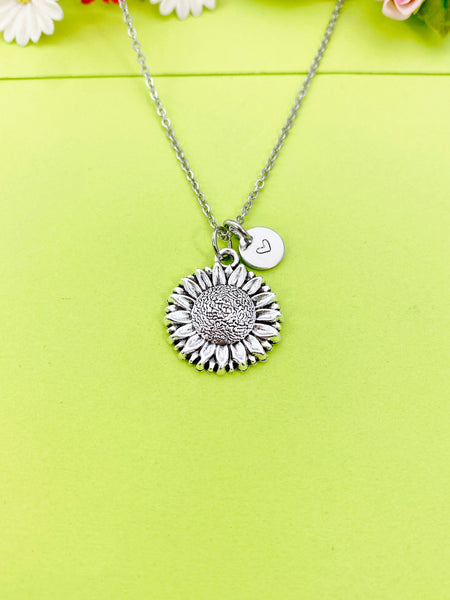 Silver Sunflower Charm Necklace Personalized Customized Monogram Made to Order Jewelry, N5421