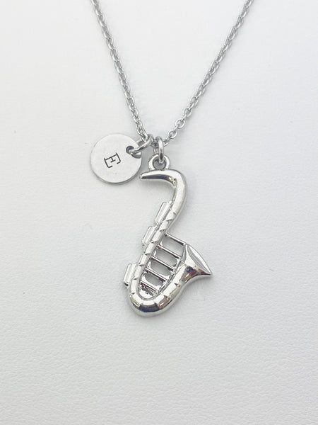 Silver Saxophone Charm Necklace Personalized Customized Monogram Made to Order Jewelry, N679A