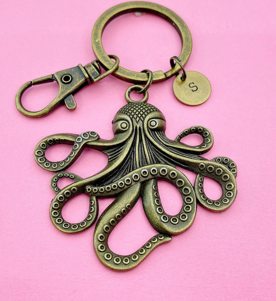 Bronze Octopus Keychain Personalized Customized Monogram Made to Order Jewelry, N5428
