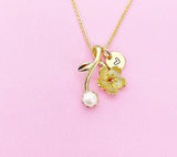 Gold Japanese Cherry Bloom Pearl Charm Necklace Personalized Customized Monogram Made to Order Jewelry, N2190A