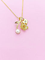 Gold Japanese Cherry Bloom Pearl Charm Necklace Personalized Customized Monogram Made to Order Jewelry, N2190A