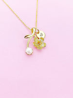Gold Japanese Cherry Bloom Pearl Charm Necklace Personalized Customized Monogram Made to Order Jewelry, N2190A