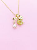 Gold Japanese Cherry Bloom Pearl Charm Necklace Personalized Customized Monogram Made to Order Jewelry, N2190A