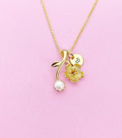 Gold Japanese Cherry Bloom Pearl Charm Necklace Personalized Customized Monogram Made to Order Jewelry, N2190A