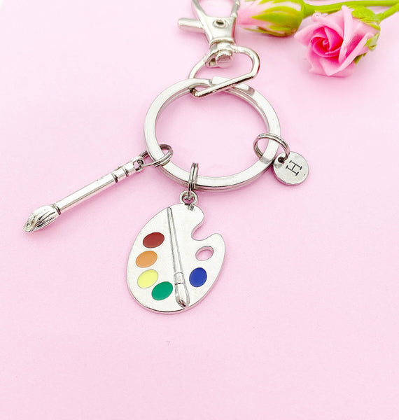Silver Artist Palette Brush Charm Keychain Gifts Personalized Customized Monogram Made to Order Jewelry, N1714B