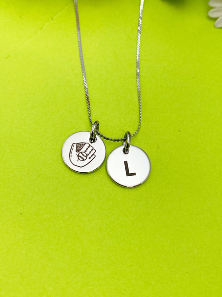 Silver or Gold Baseball Mitten Necklace Personalized Customized Monogram Made to Order Jewelry, D386
