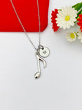 Silver Eighth Note Music Note Charm Necklace Personalized Customized Monogram Made to Order Jewelry, N4091A