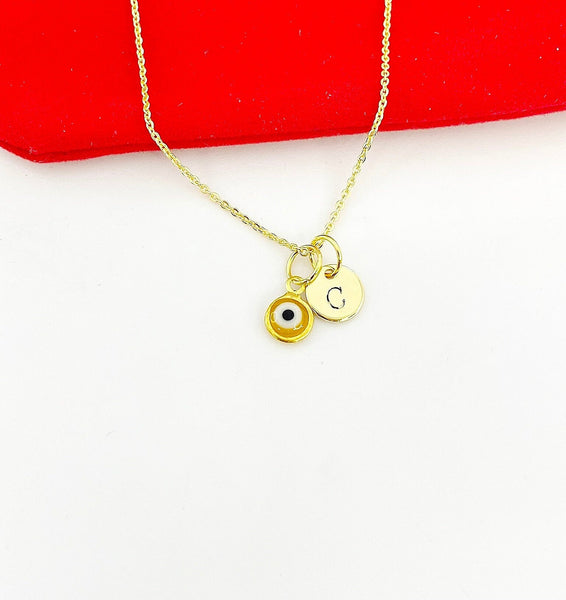 Gold Tiny Evil Eye Charm Necklace Personalized Customized Monogram Made to Order Jewelry, N577AA