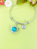 Silver Blue Teapot Charm Bracelet Personalized Customized Monogram Made to Order Jewelry, N5406