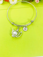 Silver White Teapot Charm Bracelet Personalized Customized Monogram Made to Order Jewelry, N959C