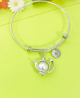 Silver White Teapot Charm Bracelet Personalized Customized Monogram Made to Order Jewelry, N959C