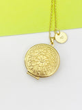 Gold Locket Necklace, Flower Keepsake Photo Frame Locket, Personalized Customized Monogram Made to Order Jewelry, N4515