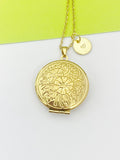 Gold Locket Necklace, Flower Keepsake Photo Frame Locket, Personalized Customized Monogram Made to Order Jewelry, N4515