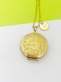 Gold Locket Necklace, Flower Keepsake Photo Frame Locket, Personalized Customized Monogram Made to Order Jewelry, N4515