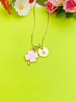 Gold Pink Clover Charm Necklace Personalized Customized Monogram Made to Order Jewelry, N4207A