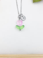 Silver Pink Tulip Charm Necklace, Personalized Customized Monogram Made to Order Jewelry, N5303S