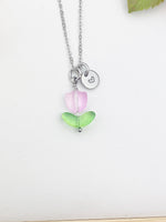 Silver Pink Tulip Charm Necklace, Personalized Customized Monogram Made to Order Jewelry, N5303S