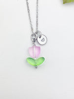 Silver Pink Tulip Charm Necklace, Personalized Customized Monogram Made to Order Jewelry, N5303S