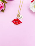 Gold Red Lip Charm Necklace Personalized Customized Monogram Made to Order Jewelry, N3295A