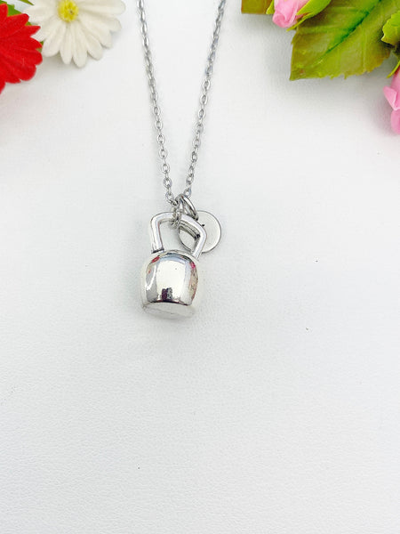 Silver Gym Weight Training Kettlebell Charm Necklace Personalized Customized Monogram Made to Order Jewelry, N2594A