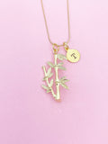 Gold Bamboo Charm Necklace Personalized Customized Monogram Made to Order Jewelry, N2188A