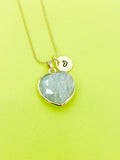 Gold Natural Amazonite Heart Charm Necklace Personalized Customized Gemstone Monogram Made to Order Jewelry, N5440