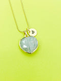 Gold Natural Amazonite Heart Charm Necklace Personalized Customized Gemstone Monogram Made to Order Jewelry, N5440