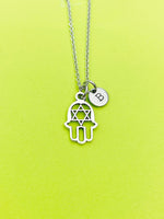 Silver Star of David Hand Charm Necklace Personalized Customized Monogram Made to Order Jewelry, N80D