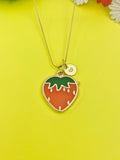 Gold Red Strawberry Charm Necklace Personalized Customized Monogram Made to Order Jewelry, N4718A