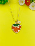 Gold Red Strawberry Charm Necklace Personalized Customized Monogram Made to Order Jewelry, N4718A