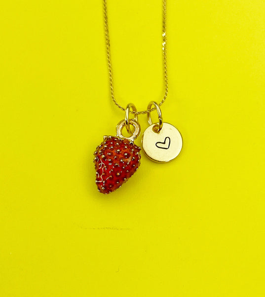 Gold Red Strawberry Charm Necklace Personalized Customized Monogram Made to Order Jewelry, N5442