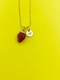 Gold Red Strawberry Charm Necklace Personalized Customized Monogram Made to Order Jewelry, N5442
