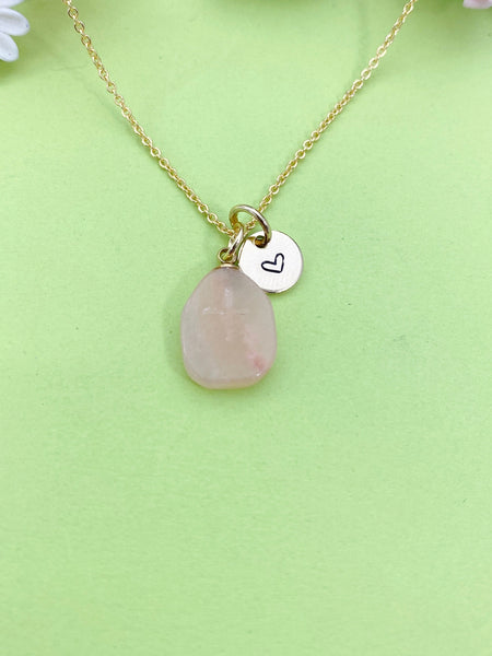 Gold Natural Rose Quartz Charm Necklace Personalized Customized Gemstone Monogram Made to Order Jewelry, N5444