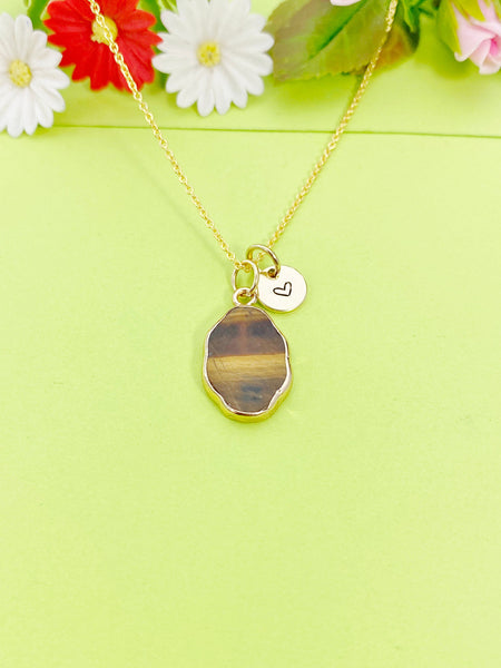 Gold Natural Tiger Eye Charm Necklace Personalized Customized Gemstone Monogram Made to Order Jewelry, N5366