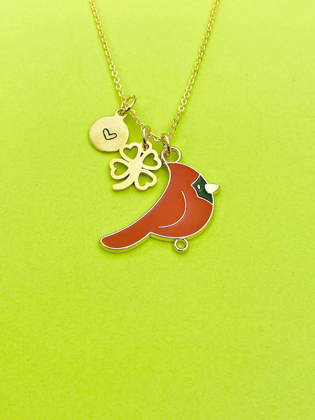 Gold Red Bird Cardinal Clover Charm Necklace Personalized Customized Monogram Made to Order Jewelry, N5257A