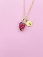 Gold Red Strawberry Charm Necklace Personalized Customized Monogram Made to Order Jewelry, N5442A