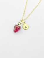 Gold Red Strawberry Charm Necklace Personalized Customized Monogram Made to Order Jewelry, N5442A