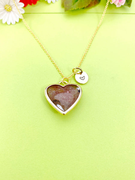 Gold Red Strawberry Quartz Heart Charm Necklace, Personalized Customized Gemstone Monogram Made to Order Jewelry, N5411