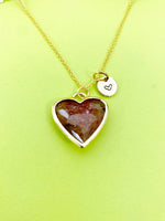 Gold Red Strawberry Quartz Heart Charm Necklace, Personalized Customized Gemstone Monogram Made to Order Jewelry, N5411