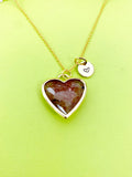 Gold Red Strawberry Quartz Heart Charm Necklace, Personalized Customized Gemstone Monogram Made to Order Jewelry, N5411