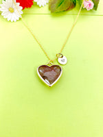 Gold Red Strawberry Quartz Heart Charm Necklace, Personalized Customized Gemstone Monogram Made to Order Jewelry, N5411