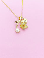 Gold Japanese Cherry Bloom Pearl Charm Necklace Personalized Customized Monogram Made to Order Jewelry, N2190A
