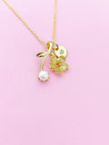 Gold Japanese Cherry Bloom Pearl Charm Necklace Personalized Customized Monogram Made to Order Jewelry, N2190A