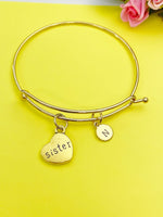 Gold or Silver Sister Heart Charm Bracelet Gifts Ideas Personalized Customized Monogram Made to Order Jewelry, N5453