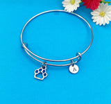 Silver Pet Paw Print Charm Bracelet Gifts Ideas, Personalized Customized Monogram Made to Order Jewelry, AN155