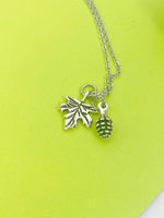 Silver Pinecone Maple Leaf Charm Necklace Gifts Ideas Personalized Customized Monogram Made to Order Jewelry, N5456
