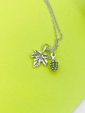 Silver Pinecone Maple Leaf Charm Necklace Gifts Ideas Personalized Customized Monogram Made to Order Jewelry, N5456