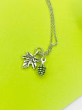 Silver Pinecone Maple Leaf Charm Necklace Gifts Ideas Personalized Customized Monogram Made to Order Jewelry, N5456